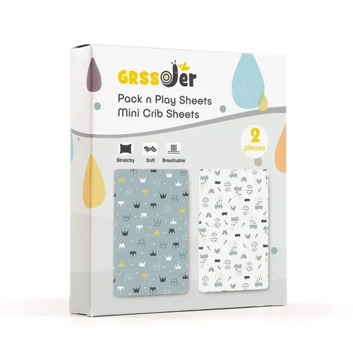 Miniatura 2 de GRSSDER Juego de 2 sábanas ajustadas de punto de jersey elástico ultra suave, sábanas portátiles/minicuna, corona y nube para niñas y niños Verde