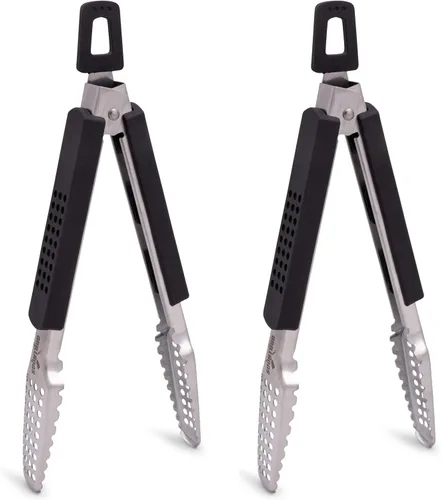 Miniatura 13 de Pinzas para barbacoa de acero inoxidable 18/0 de 9 pulgadas con mango ergonómico de madera de roble real para cocinar, accesorio duradero
