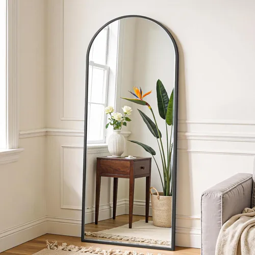OLIXIS Espejo de longitud completa arqueado negro de 60 x 16 pulgadas para dormitorio, espejo de cuerpo completo con soporte, colgar o inclinado