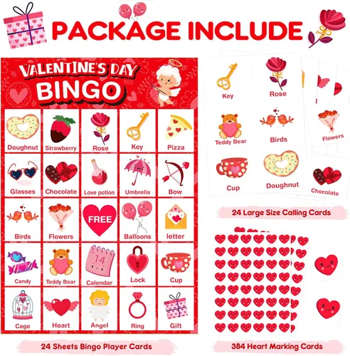 Miniatura 3 de V-Opitos Tarjeta de juego de bingo de gran tamaño para el día de San Valentín para niños y adultos, 24 jugadores, juego de San Valentín