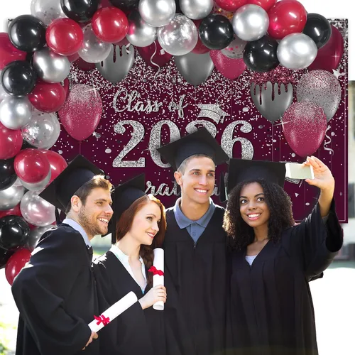 Miniatura 5 de Buryeah Decoración de graduación granate y plateada 2026, pancarta de fondo de felicitaciones graduadas con 60 globos de látex para la clase