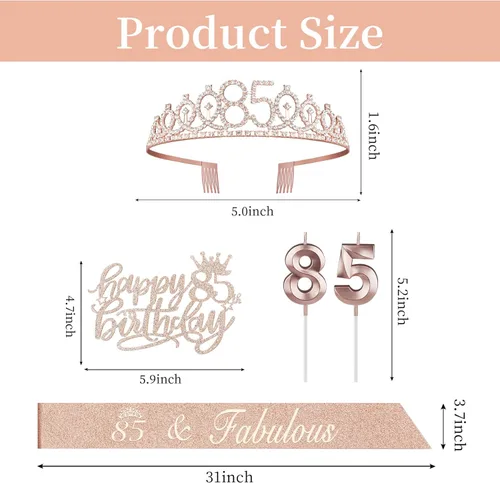 Miniatura 3 de Decoraciones de fiesta de cumpleaños número 85 que incluyen banda, corona, velas numéricas y adorno para pastel, decoraciones de cumpleaños número