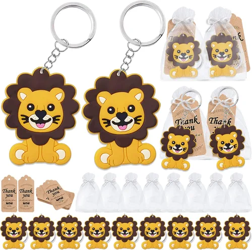 CiciBear Paquete de 60 decoraciones de fiesta de león para invitados, 20 llaveros de león, 20 etiquetas y 20 bolsas de regalo para fiesta de
