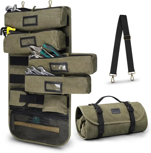 ARCFOX Organizador de bolsas de herramientas enrollables de lona vintage, 4 etiquetas extraíbles grandes, 1 pequeña bolsa con cremallera y pulsera