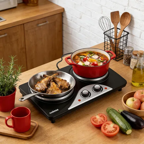 Miniatura 2 de Placa de cocción, quemadores eléctricos CUSIMAX para cocinar, quemador doble de 1,800 W, placas de cocción para quemador de encimera, placas de Negro