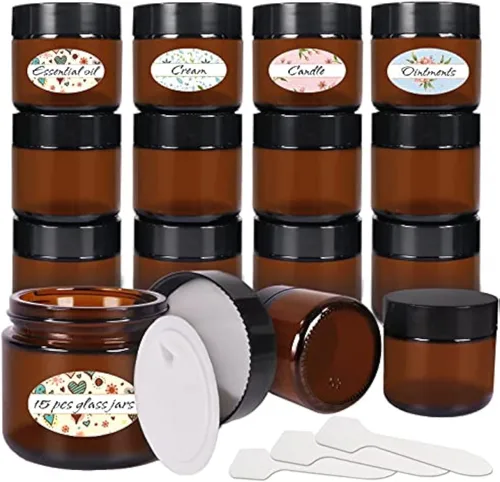 Miniatura 8 de Tarros de vidrio ámbar de 1 oz, paquete de 24 recipientes vacíos para cosméticos con tapas de rosca negras, tarros redondos recargables para loción