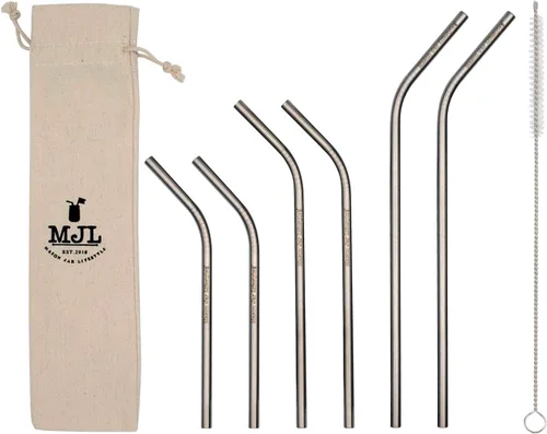 Paquete combinado de pajitas delgadas de acero inoxidable dobladas para tarros Mason (paquete de 6 + cepillo de limpieza + bolsa de tela)