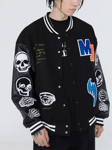 Miniatura 2 de Aelfric Eden Chaqueta de motocicleta para hombre, chaqueta de béisbol Blackair Moto Varsity para mujer, abrigos vintage