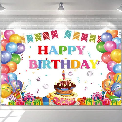 Cartel de feliz cumpleaños, telón de fondo de globos coloridos para fiestas de niños, pasteles de colores grandes, fotografía, telón de fondo de