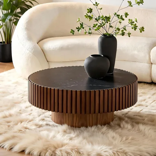 Miniatura 19 de Mesa de centro moderna de madera redonda acanalada, Ø31.5 x 13.8 pulgadas de alto, espacio pequeño, color marrón, tambor circular, centro estriado