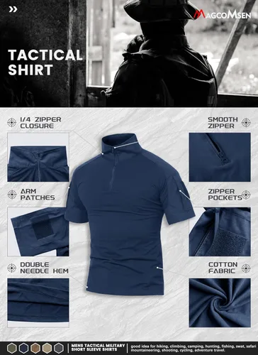 Miniatura 16 de MAGCOMSEN Camisas militares tácticas para hombre con cremallera de 1/4, manga corta, ajustada, camisa de camuflaje
