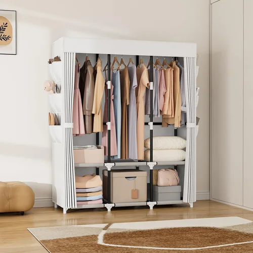 Miniatura 8 de VTRIN Armario portátil para colgar ropa con cubierta, 3 varillas colgantes, 6 estantes de almacenamiento y bolsillo lateral, Tubo de metal