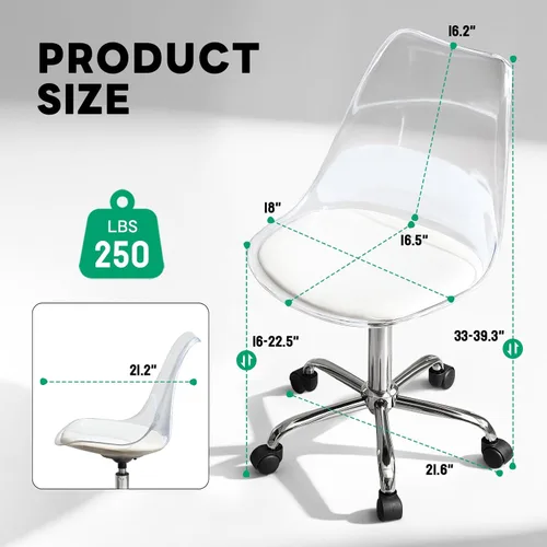 Miniatura 2 de Lessmore Silla de escritorio de acrílico transparente con cojín de piel sintética, silla ajustable de oficina en casa con ruedas, silla de tocador