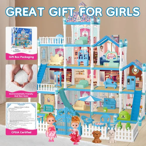 Miniatura 2 de Seifar Juego de casa de muñecas para niños y niñas, 4 pisos, 13 habitaciones, 2 muñecas y 2 cachorros, muebles y accesorios para niñas de 5, 6, 7, 8