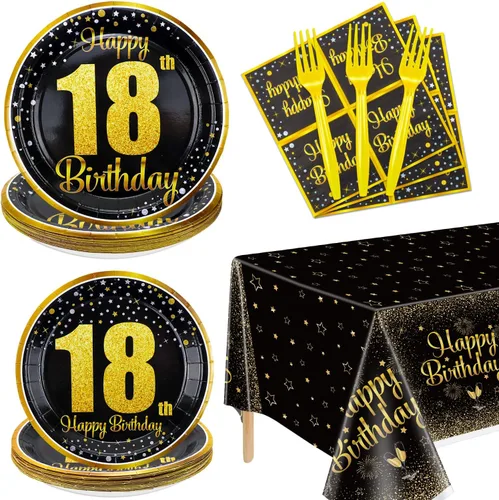 Decoraciones de 18 cumpleaños para niños y niñas - 81 piezas de platos, servilletas, mantel, tenedores, decoración de fiesta negra y dorada, sirve