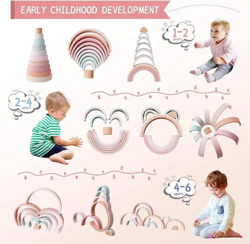 Miniatura 3 de MCGMITT Juguete apilable de arcoíris, apilador de arcoíris de silicona para niños pequeños, bloques de anidación Montessori, juego de juguetes a