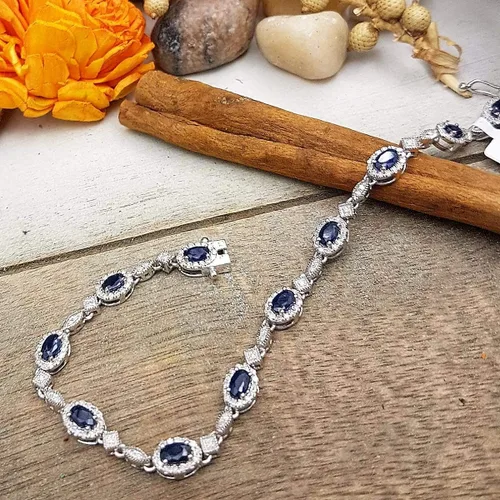 Miniatura 8 de Dazzlingrock Collection Pulsera de eslabones de mujer de diamante blanco de corte ovalado real con zafiro azul y corte redondo, plata esterlina