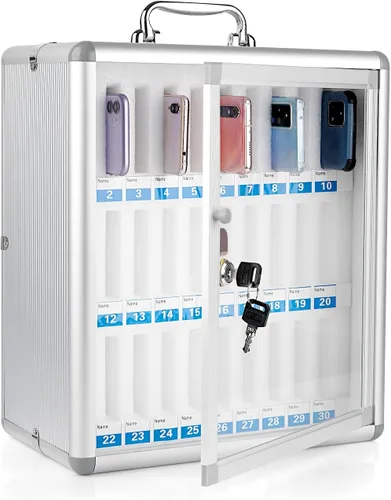 Gabinete de almacenamiento de 30 ranuras de aleación de aluminio para teléfonos celulares, montado en la pared con un bloqueo, se puede llevar a