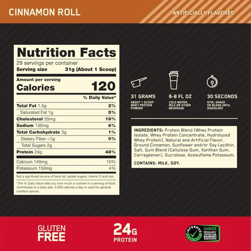 Miniatura 3 de Optimum Nutrition Gold Standard - Proteína en polvo de 100% suero de leche, sabor rollo de canela, 2 libras (paquete de 1) (el embalaje puede variar)