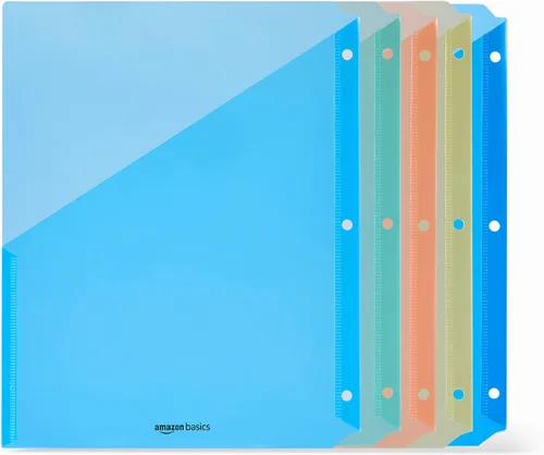 Amazon Basics Organizador de carpeta de anillas con funda de polietileno, perforación de 3 agujeros, colores surtidos, paquete de 5