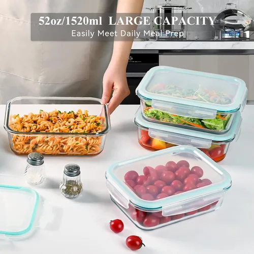 Miniatura 3 de GEHE Paquete de 4 recipientes grandes de vidrio de almacenamiento de alimentos de 52 onzas con tapas, recipientes de vidrio para preparación