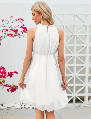 Miniatura 6 de KOJOOIN Vestido de maternidad con cuello halter y volantes, de verano, casual, bohemio, sin mangas, de cintura alta, fluido para sesión de fotos