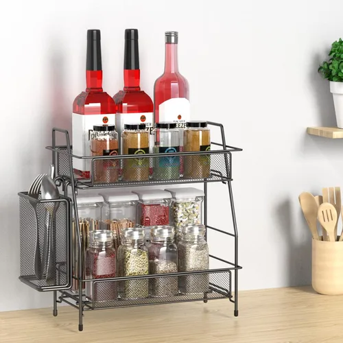 Miniatura 4 de Organizador de baño con canasta, bandeja de baño de 2 niveles para estante de almacenamiento de encimera, organizador de encimera de baño, Negro