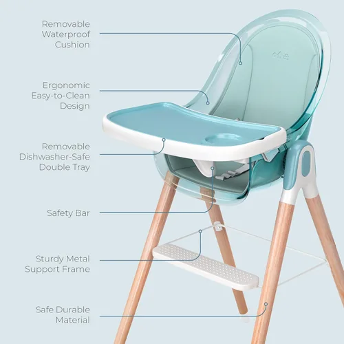 Miniatura 8 de Silla alta de madera de lujo 6 en 1 para bebés y niños pequeños, moderna, segura y compacta, fácil de limpiar y montar, bandeja y cojín extraíbles