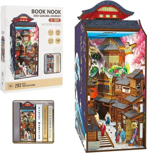 Edo Sakura Journey - Kit de bricolaje de madera 3D con luz LED, inserto de estantería de flor de cerezo y decoración de sujetalibros para