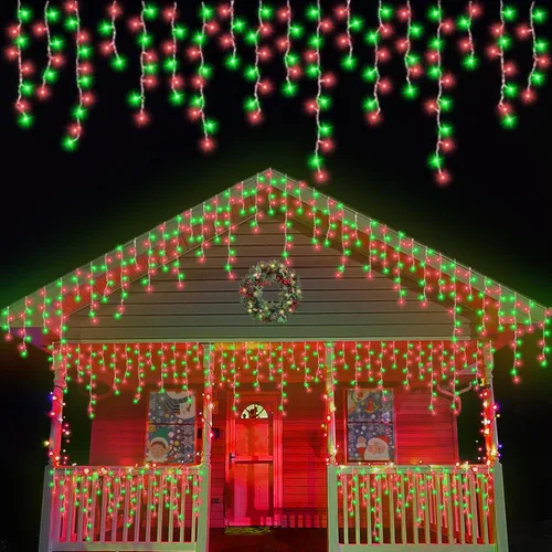 Miniatura 15 de QITONG - Tira de luces de carámbanos rojas y blancas para exteriores, 33 pies con 400 LED, 8 modos, alambre transparente, luces de Navidad