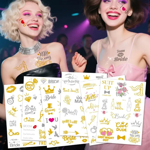 6 hojas de tatuajes temporales dorados y plateados para mujeres y hombres, calcomanías metálicas para despedidas de soltera, despedidas de soltera,