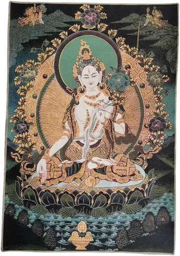 GEEYOU Bordado de seda tibetano Thangka budismo blanco Tara Guanyin Kwan-yin Tangka Mural Tangka colgante de pared para decoración del hogar, tapiz