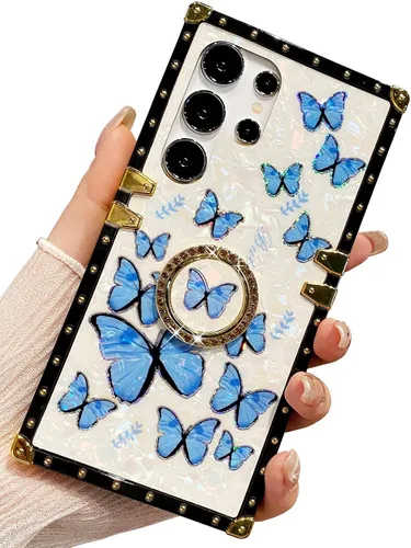 Miniatura 9 de Bonita funda compatible con Samsung Galaxy S22 Ultra, soporte plegable de lujo con diseño de mariposa brillante para mujeres y niñas, funda Blanco