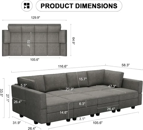 Miniatura 2 de Belffin - Sofá seccional modular con cama oculta, sofá seccional convertible para sala de estar. Sofá color gris claro