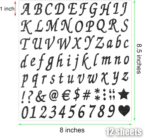 Miniatura 2 de 12 hojas de calcomanías de letras con purpurina, calcomanías autoadhesivas de números del alfabeto, calcomanías de letras y números para Negro