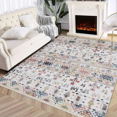 Miniatura 8 de GlowSol Alfombra bohemia de 4 x 6 pies, lavable, para dormitorio, antideslizante, alfombra marroquí, alfombra bohemia de pelo bajo, alfombra