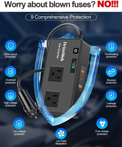Miniatura 6 de DrimMek Inversor de Corriente para Automóvil de 200W, Salida de Adaptador de Enchufe de Automóvil Inversor DC 12V a 110V AC Encendedor