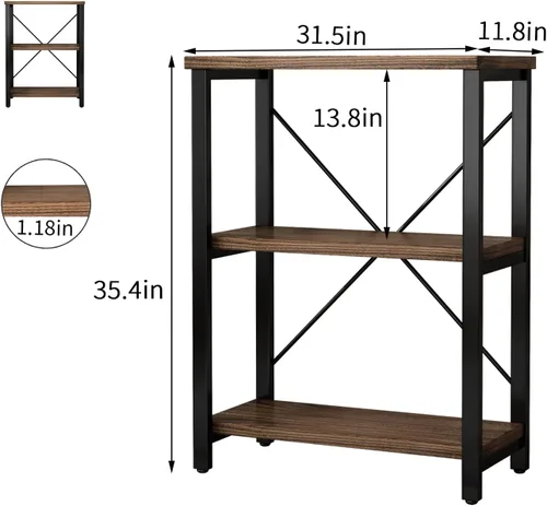 Miniatura 2 de AY-AOYUAN Librerías industriales de madera maciza de 3 niveles, estantería abierta Etagere con marco de metal, organizador de almacenamiento