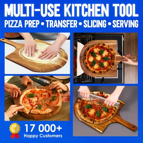 Miniatura 5 de KitchenStar Pela de pizza de madera de acacia de 16 pulgadas – Tabla de cortar y servir de madera extra grande con mango – Acabado de aceite natural