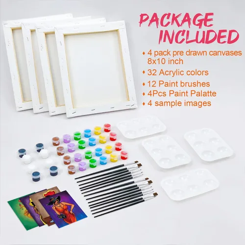 Miniatura 6 de Nuberlic Paquete de 4 pinturas elegantes de 8 x 10 pulgadas, lienzo predibujado para pintar para adultos Afro Queen sorbo y pintura, recuerdo