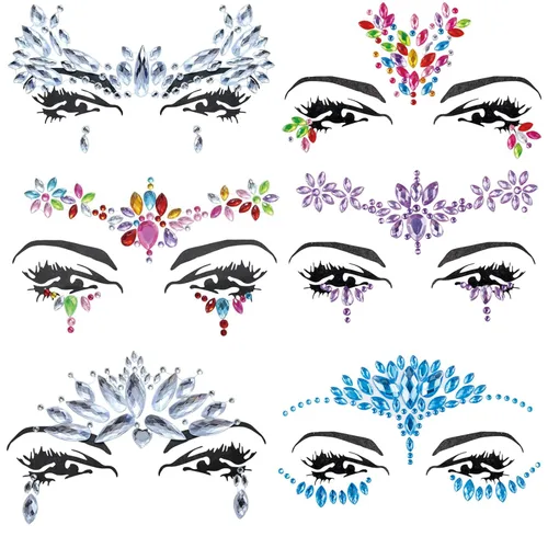 Miniatura 13 de 6 hojas de joyas para la cara, gemas para la cara, diamantes de imitación autoadhesivos para maquillaje, accesorios para disfraces de festivales