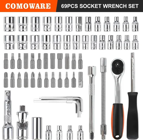 Miniatura 2 de COMOWARE Juego de 69 piezas de enchufes pequeños (1/4'' y 3/8''), juego de llaves de enchufes métricos y estándar, juego de llaves de trinquete