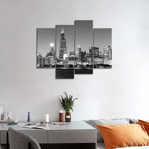 Miniatura 3 de 4 unidades de pintura de tela moderna arte de pared la imagen para la decoración del hogar, vista panorámica del horizonte de Chicago de noche