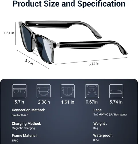 Miniatura 3 de Blackview Lentes inteligentes, lentes de sol polarizados Bluetooth con altavoz, control de voz, protección UV, lente de luz azul