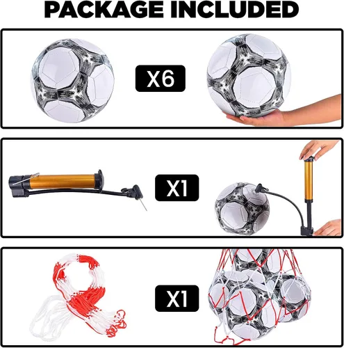 Miniatura 2 de Paquete de 6 pelotas de fútbol clásicas desinfladas tamaño 3/4/5 con bomba y bolsa de malla para interiores y exteriores, césped, entrenamiento