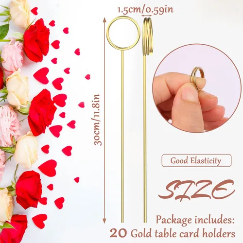 Miniatura 2 de BENBO 20 portatarjetas de alambre de metal con diseño floral, para fotos de corazón, notas y números, púas doradas, para arreglos florales, bodas