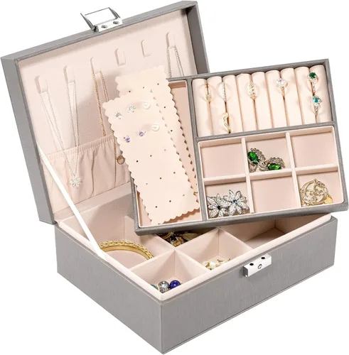 Allinside Joyero organizador para mujeres y adolescentes y niñas, 2 capas de piel sintética con cerradura, forro de terciopelo, elección, gris