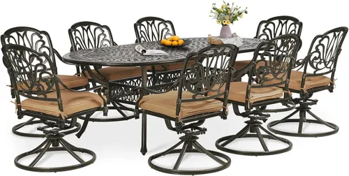 Miniatura 9 de Juego de comedor de patio de 9 piezas, mesa y sillas de patio al aire libre, mesa de comedor ovalada de aluminio fundido de 84 pulgadas con agujero