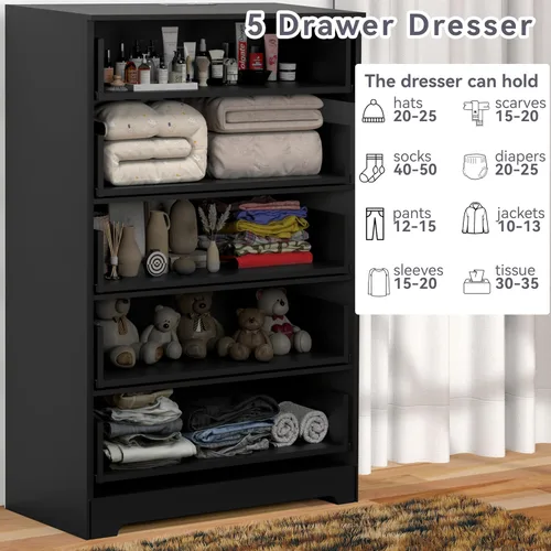 Miniatura 6 de GEPELCN Cómoda para dormitorio con tomas de corriente, cómoda de madera con 5 cajones con gran espacio de almacenamiento, cómoda negra con riel