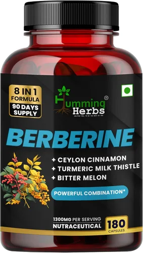 Humming Herbs Suplemento de berberina 1300 mg fórmula 8 en 1 con canela de Ceilán, cardo mariano, curcumina, melón amargo y probióticos arroz de